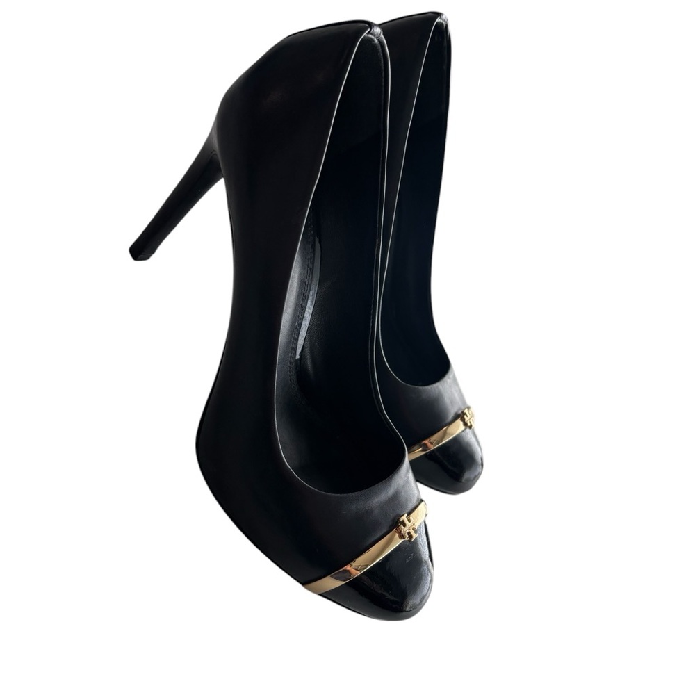 Tory Burch Black Leather Pumps Gold Logo Heels Size 8